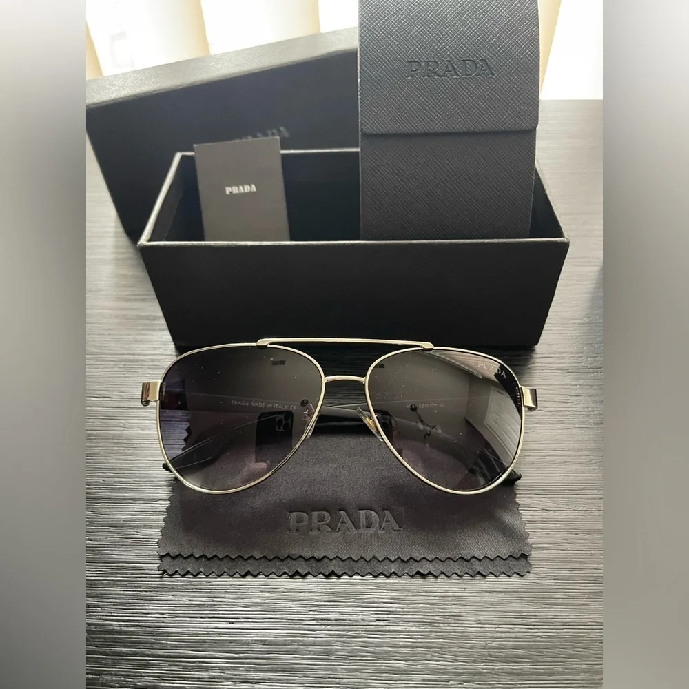Prada Silver Aviator Sunglasses with Dark Blue and Purple Lenses